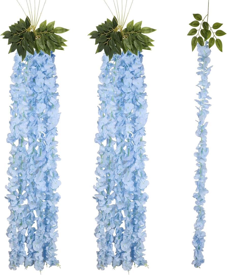 12PCS Light Blue Wisteria Hanging Flowers 6.4FT Artificial Hanging Wisteria Flowers for Decoration for Wedding Arch, Backdrop, Garden Party Decor (Light Blue)