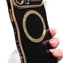 ZONRW for iPhone 15 Pro Max Case Magnetic,for Women Girls Soft Cute Wave Frame Curly Shape Love Heart Luxury Plating Phone Case Compatible with MagSafe Shockproof Back Cover 6.7"-Black