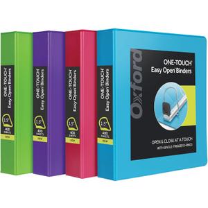 Oxford 1.5 Inch Binders, 4 Pack, 3 Ring Binder, ONE-Touch Easy Open D-Rings, Holds 375 Sheets, Non-Stick, PVC-Free, Three Ring Binders for Organization and Presentations, Assorted Colors