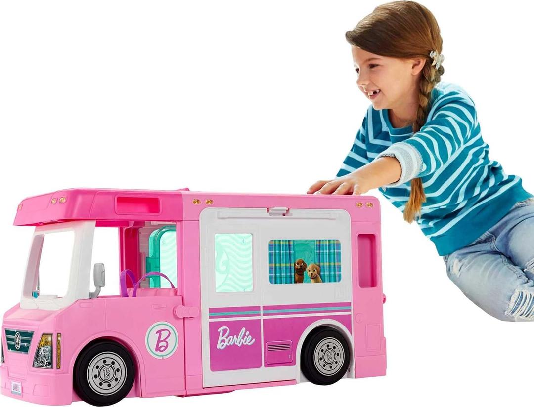 Barbie Camper, Doll Playset with 50 Accessories, Transforms into Truck, Boat & House, Includes Pool, 3-in-1 Dream Camper