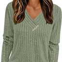 PRETTYGARDEN Women's Fall Long Sleeve V Neck Tunic Shirts | Soft Fuzzy Ribbed Knit, Loose Fitting Tops, Deco Buttons, Lightweight Sweaters, Casual Spring Blouses for Office, Going Out (Green, M)