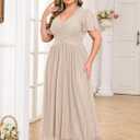 ZOMVA Plus Size Maxi Formal Dress Sparkly V-Neck A-line Ruffle Sleeves Evening Gown Cocktail Prom Lace, Champagne, 1X