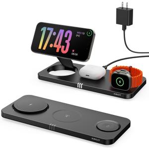 3 in 1 Wireless Charging Station for Apple Dvices,15W Fast Magnetic Charger, Foldable Travel Mag-Safe Charger Stand for iPhone 16/15/14/13/12 Pro Max Plus, iWatch S10/Ultra - S2, AirPods 4/Pro/3/2 (Black)