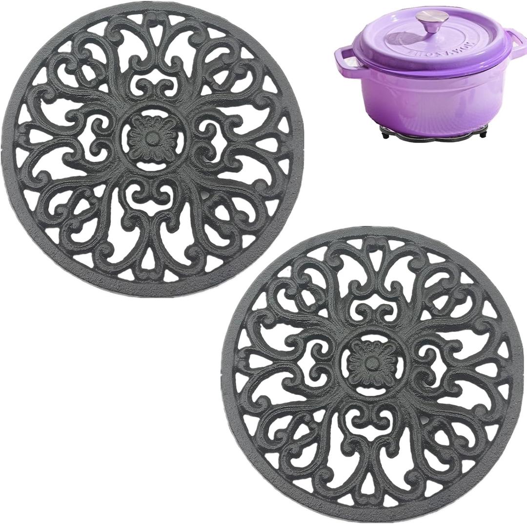 2 Pack Cast Iron Metal Trivet, Heavy Duty Trivet Rack for Hot Pots and Pans, 4.6 Inch Round Vintage Teapot Stands Holders for Countertop, Dining Table, Farmhouse Decoration with Rubber Peg