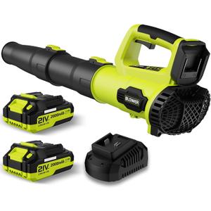 Leaf Blower, 21V Cordless Electric Blower with 2 2.0Ah Batteries and 1 Hour Fast Charger, Lightweight Leaf Blower for Patio Cleaning, Lawn Care, Blowing Fallen Leaves and Dust, etc. (Green)