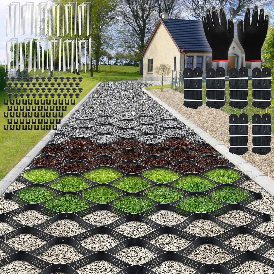 Gravel Grid 100ft X 4ft, 2'' Depth Gravel Stabilizer Grid for Pavers Base, Geogrid 1900 Lbs/Sq Ft Load with 120 Geocell Accessories & Gloves for Driveway Parking Ground Walkway Dirt Locker Slope