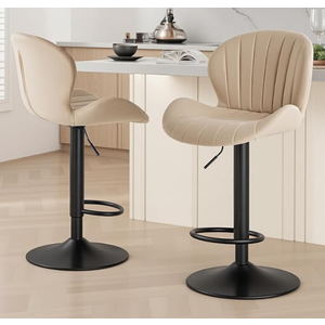 Sweetcrispy Bar Stools Set of 2, Modern Swivel Bar Chairs, Adjustable Fabric Upholstered Barstools Counter Height with Backrest for Bar, Kitchen Island, Dining Room, Beige