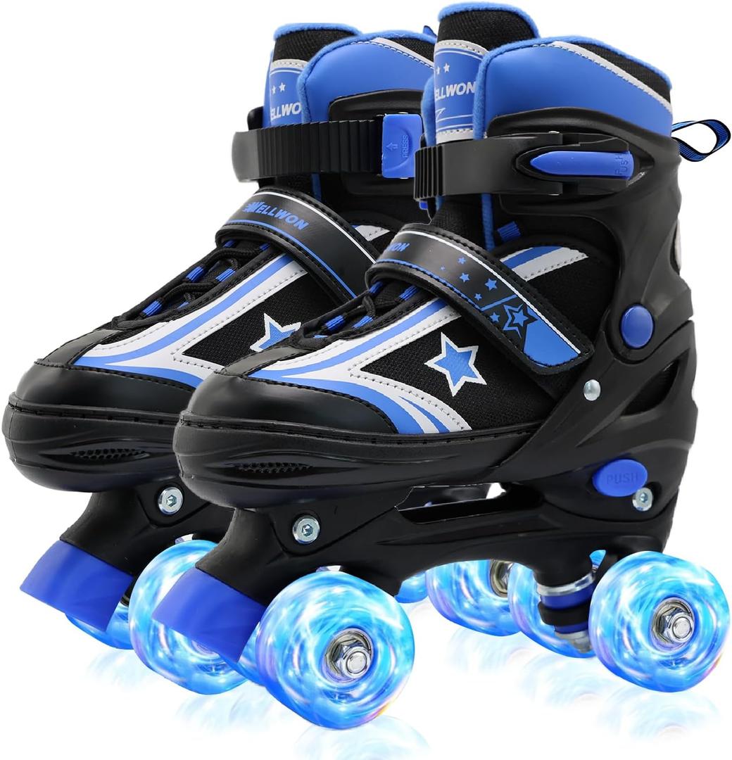 WELLWON Kids Roller Skates for Boys Girls, 4 Size Adjustable Kids Rollerskates with Light Up Wheels, Roller Skates for Boys Girls, Size S, Blue