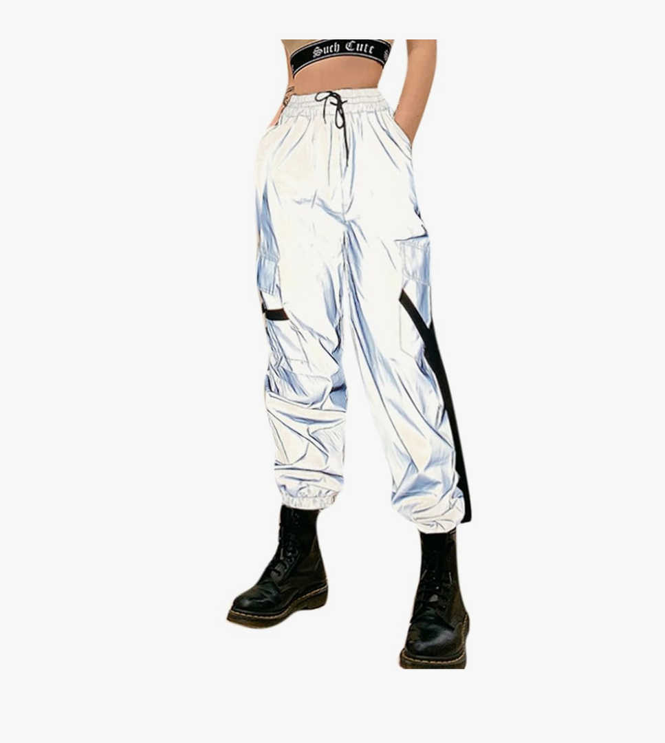 Women Rave Reflective Pants Sweatpants Trousers Dance Jogger Pants with Pockets for Casual Sport Party Festival S/M