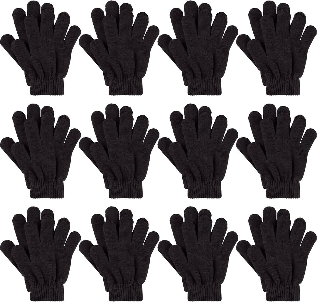 Glooarm 12 Pairs Kids Gloves Winter Toddler Full Fingers Knit Children Stretchy Warm Gloves Bulk for Boys Girls (Black)
