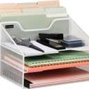 Mind Reader Metal Mesh Desktop File Organizer, 3-Tier Paper Tray with 5 Compartments, Office Mail Sorter, White
