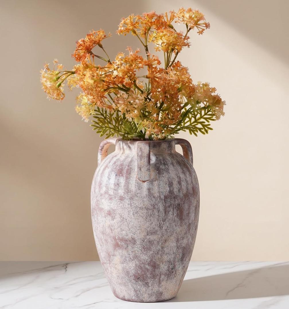 Ceramic Flower Vase with Handles, 8.86 inch Tall Ceramic Vase Home Decor Vintage Terracotta Rustic Unique Vase for Bouquet Pottery Barn Decor Large Vases Living Room Bathroom Modern Farmhouse