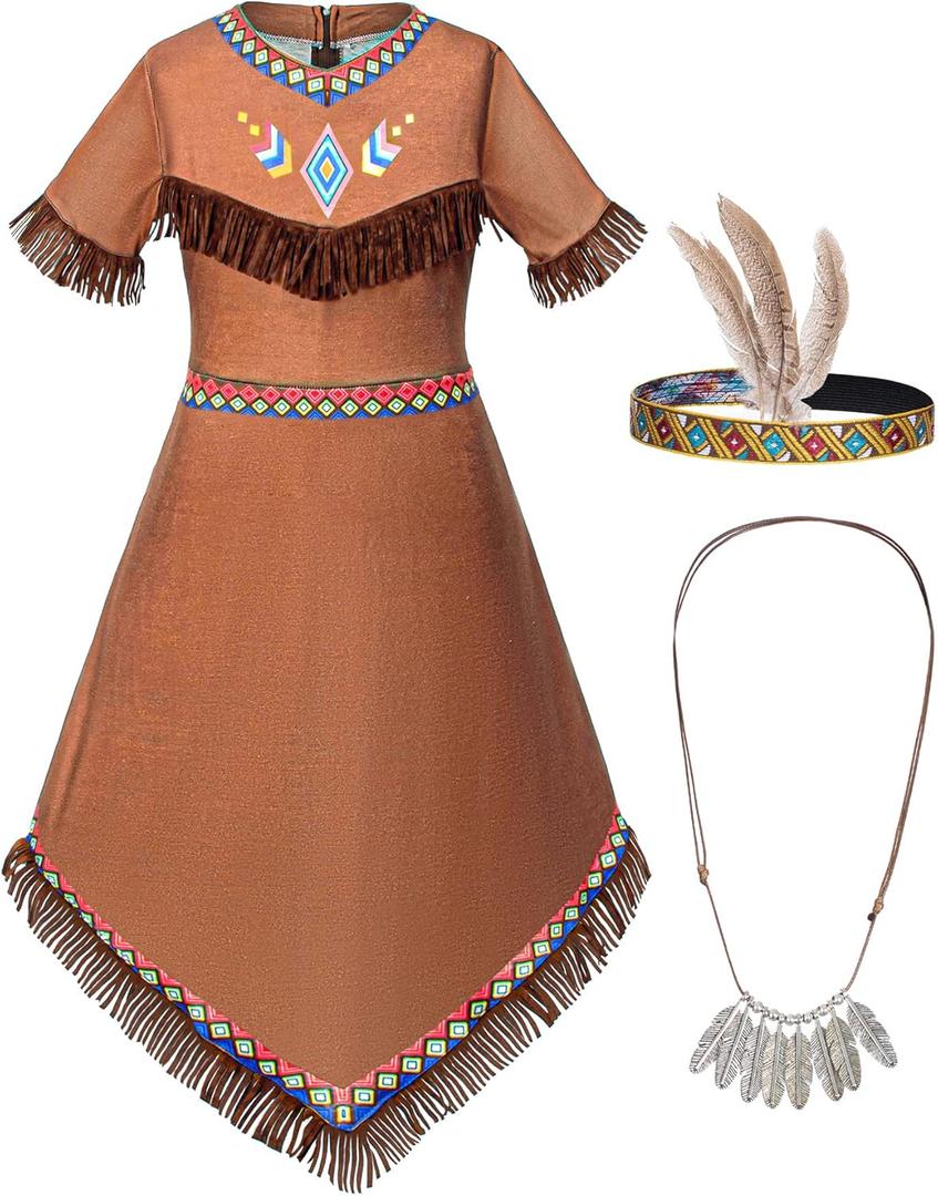 Native American Costume Girls Dress Indigenous American Indians Kids Cosplay 3-12 Years (6-7 Years, Brown)