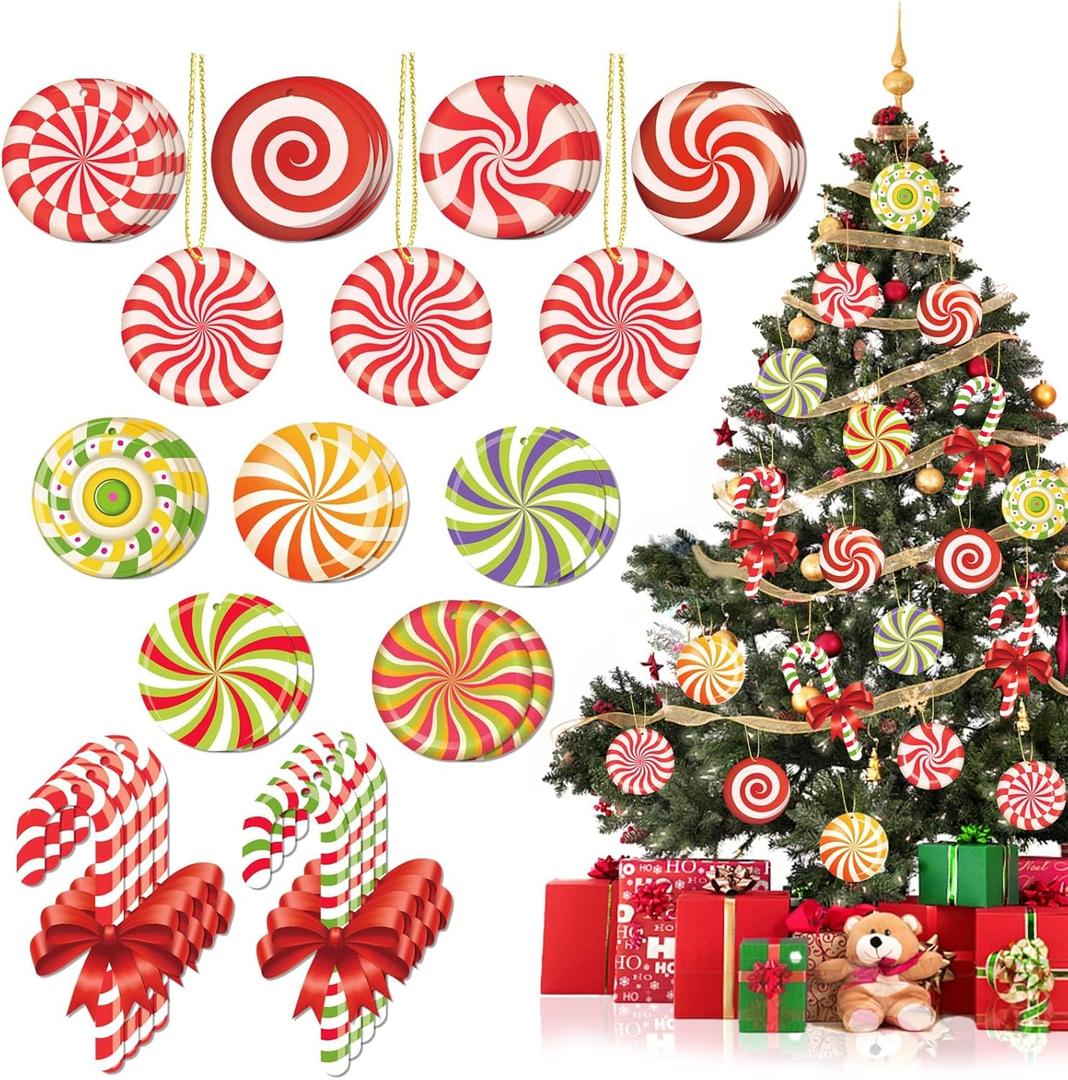 33pcs Christmas Decorations Candy Tree Ornaments - Colorful Candy Cane Lollipop Peppermint Hanging Christmas Ornaments for Xmas Tree Winter New Year Party Decor, Candies Themed Party Supplies (Yellow)