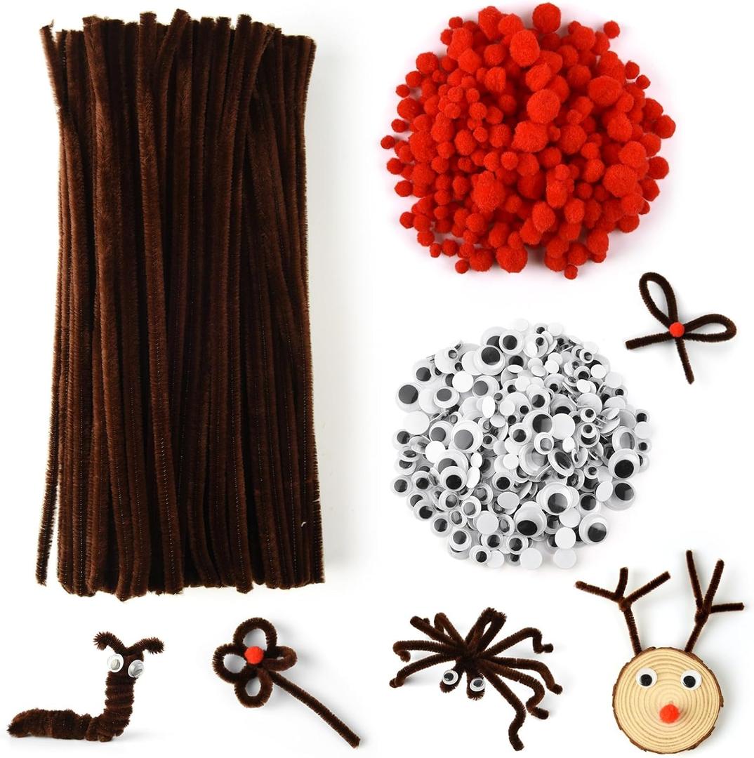 PLULON 922 Pcs Christmas Pipe Cleaners Craft Set Brown Pipe Cleaners Chenille Stems with Red Pom Poms Googly Eyes for Christmas DIY Crafts Supplies (Brown, Red)