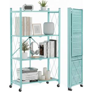 ALANNG 4 Tier Folding Storage Shelf on Wheels,Heavy Duty Metal Rolling Cart | 264 lbs Capacity, No Tools Assembly, Folds to 3.9", Lockable Casters, Portable for Kitchen Laundry Garage