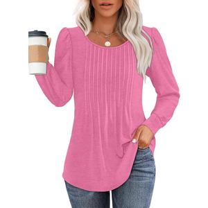 OFEEFAN Long Sleeve Shirts for Women Fall Tops Dressy Casual Blouses Pleated Scooped Neck Tunic Tops for Leggings XL