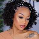 MIMAN 8 Inch Short Curly Headband Wigs for Black Women Human Hair Glueless None Lace Front Wig Natural Black Pixie Cut Curly Bob Wigs With Headbands Attached 150% Density