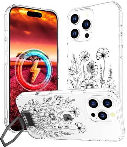 Topgraph Compatible with iPhone 16 Pro Case Magsafe Clear,Magnetic Transparent Cute Silicone Phone Cover Cases for Women - Black Flowers Line Art
