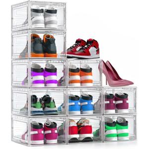 Secret Space 10 Pack XX Large Thicken Hard Shoe Organizer Storage Boxes for Closet, Modular Space Saving Shoe Boxes Clear Plastic Stackable Sneaker Containers Display Case with Lids, White