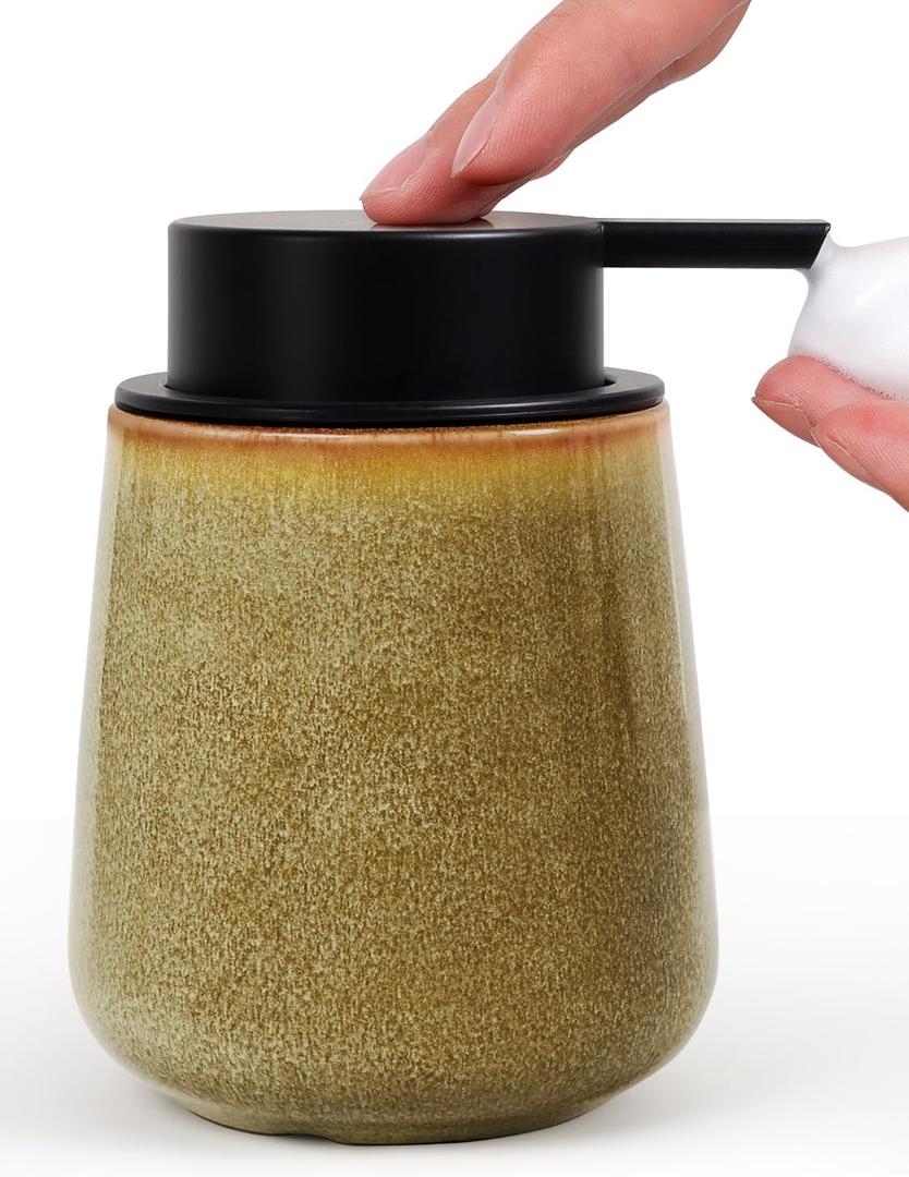 INGOFIN Ceramic Foaming Soap Dispenser - 12 oz Refillable Foam Hand Soap Dispenser Bathroom, Modern Dish Dispenser Pump for Kitchen,Kiln-Glazed Earthy Greenish-Brown