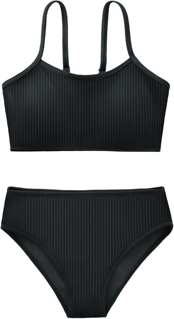 Girl's 2 Piece Swimsuit Solid Spaghetti Strap Bikini Sets Beach Bathing Suit Swimwear for Teen Kids (13-14 Years, Black)