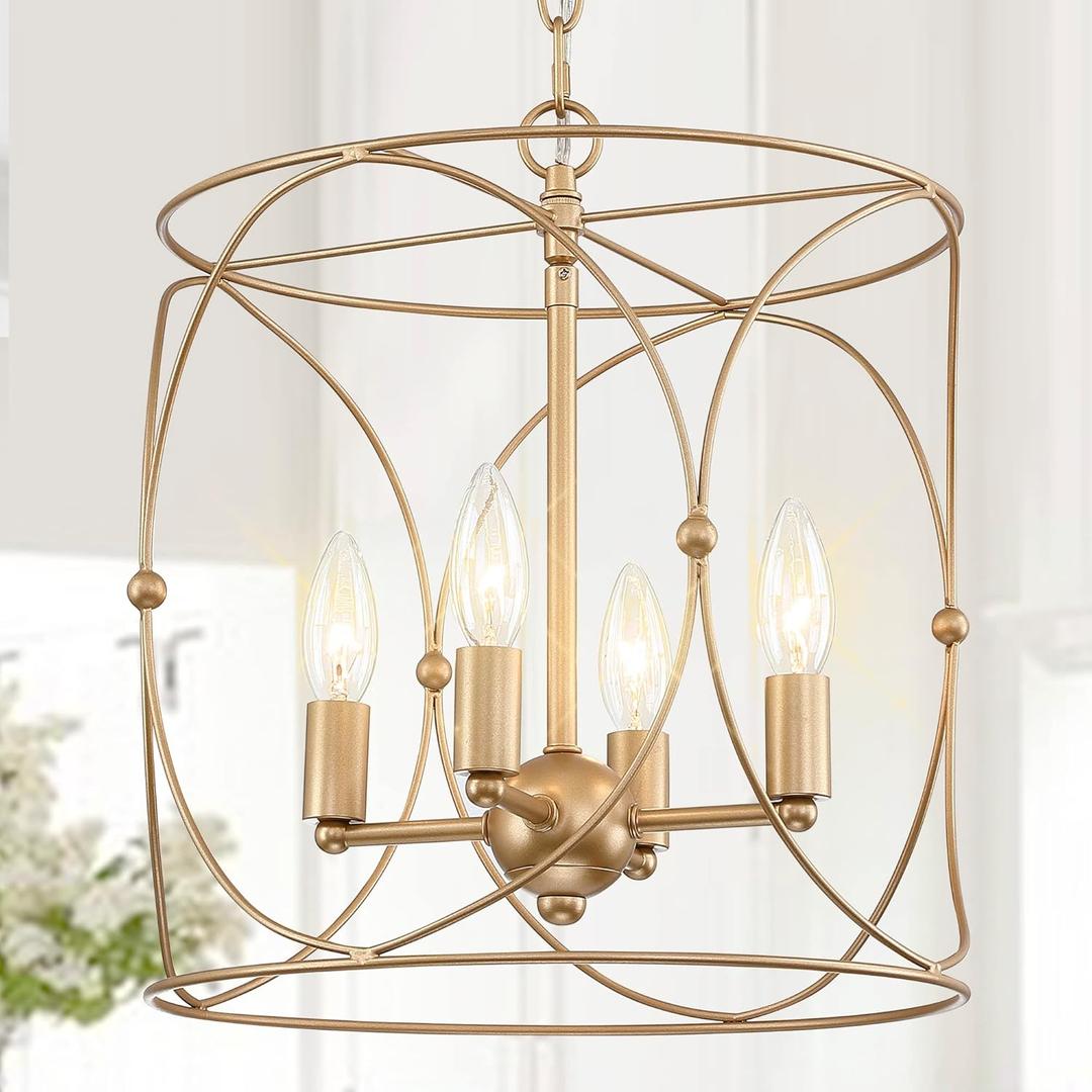 Untrammelife 4-Light Gold Chandelier, Modern 13.4" Drum Cage Pendant Light, Adjustable Height Ceiling Light Fixture for Kitchen Island, Dining Room, Living Room & Bedroom, Farmhouse Warm Glow Lighting (Rose Gold)