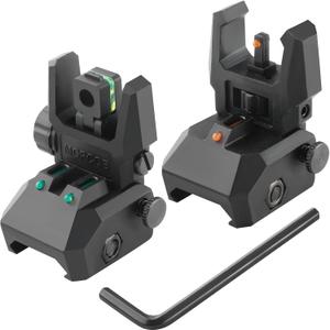 Fiber Optic Sights, Flip Up Front and Rear Backup Sights with Green Red Fiber Optics Dots, Tool-Free Adjustable Front Sight Rapid Transition (Black)