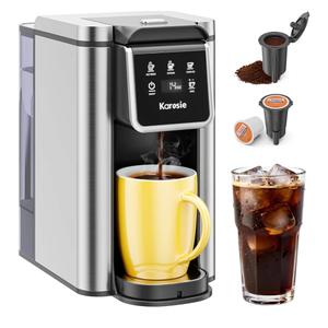 K Cup Coffee Maker, Hot & Iced Coffee Maker for K Cup and Grounds, 6-14 Oz Brew Sizes, 50oz Removable Tank, Single Cup Coffee Maker with Descaling Reminder, Stainless Steel, Black