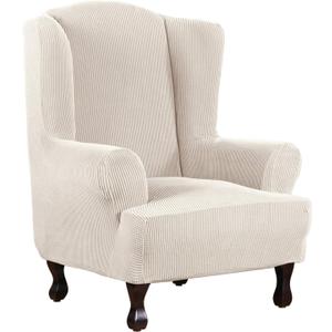 H.VERSAILTEX Wing Chair Slipcover Chair Covers for Wingback Chairs Wingback Chair Covers Slipcovers 1 Piece Stretch Sofa Cover Furniture Protector Soft Spandex Jacquard Checked Pattern, Ivory
