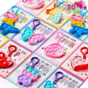 JOYIN 30 Packs Valentine's Day Gift Cards with Pop Fidget Keychain Toys, Stress Anxiety Relief Fidget Toys with Cards for Kids Valentine Classroom Exchange Prizes, Valentine's Day Party Favors