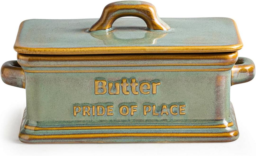 Butter Dish with Lid, Ceramic Butter Holder Container Large Butter Dish for Countertop Farmhouse Decor for Mother's Day, Butter Keeper for East West Coast Butter, Green