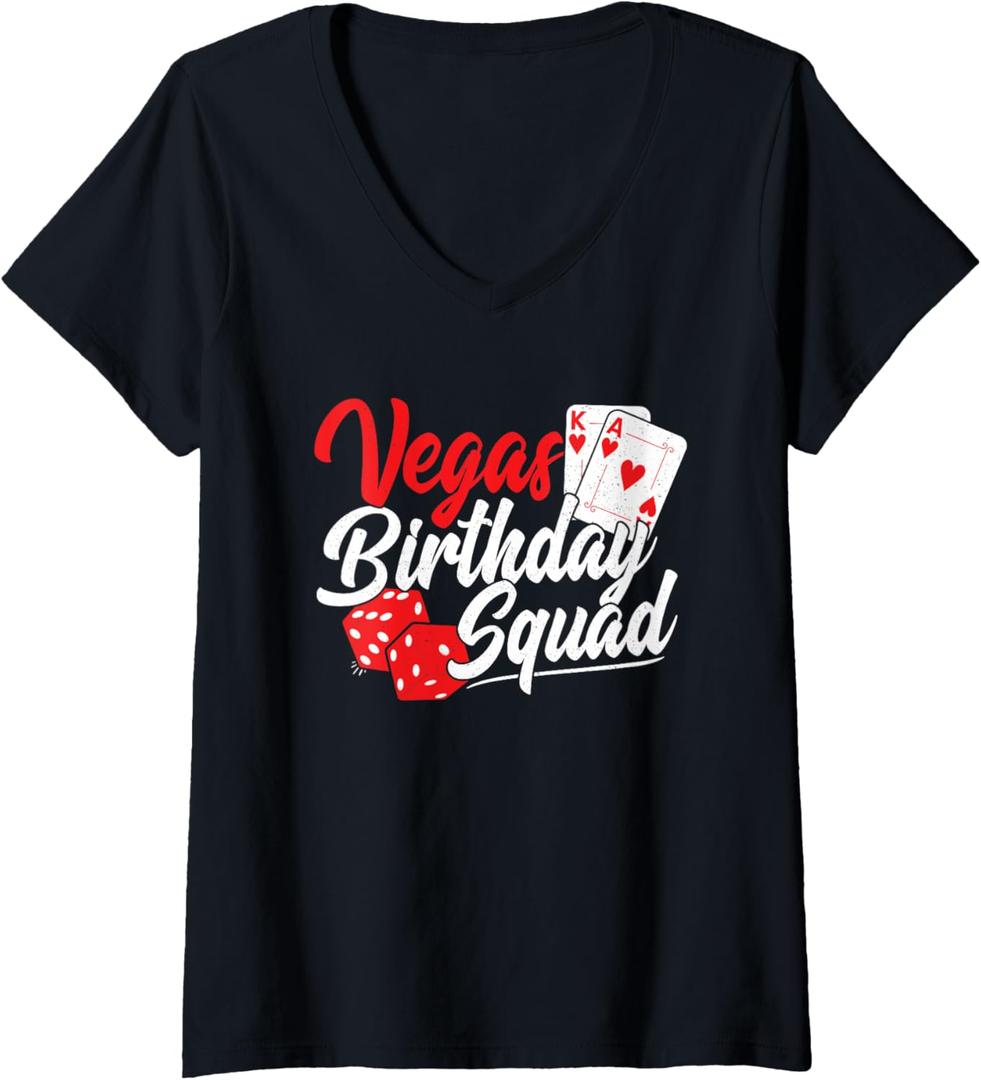 Womens Las Vegas Birthday Party - Matching Vegas Birthday Squad V-Neck T-Shirt (Small, Black)