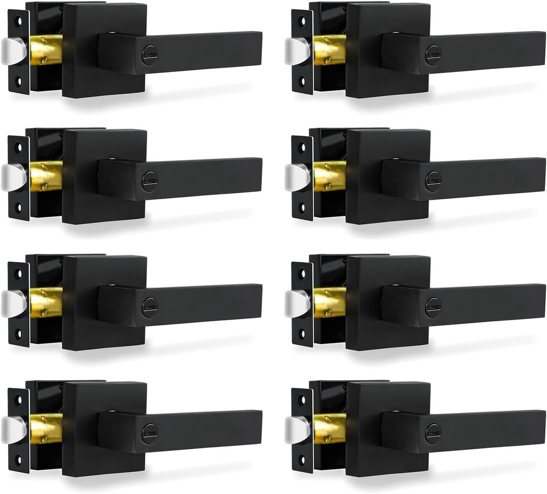 RAZCC Privacy Door Levers, 8 Pack Matte Black Door Handles Heavy Duty Bed and Bath Door Locks Interior Keyless Locksets, Reversible for Left Right Handed Doors