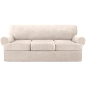 Stretch T Cushion Sofa Slipcover 4 Pieces Sofa Covers Thick Velvet Couch Cover Stretch Sofa Slip Covers Furniture Protector with 3 Individual T Cushion Washable (Ivory, Sofa)