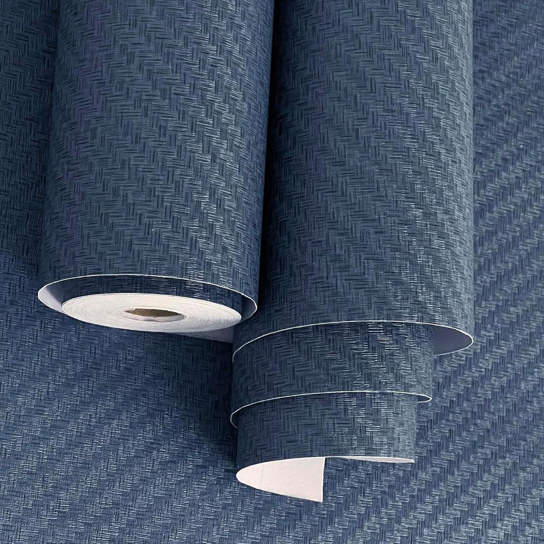 Haimin Fabric Wallpaper Textured Contact Paper (24in X 393in) Navy Blue Grasscloth Wallpaper Peel and Stick Faux Linen Wall Paper Self-Adhesive Vinyl Looks Like Woven Straw