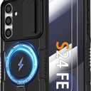 for Samsung Galaxy S24 FE Magnetic Case with Screen Protector, Compatible with MagSafe Wireless Charging, Military Grade Case with Camera Cover & Ring Stand, Shockproof Protection Cover, Black