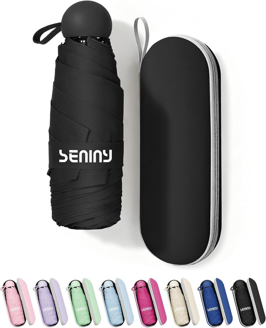 Seniny Mini Portable Travel Umbrella with Case - Compact Umbrellas for Rain & Sun UV Protection for Backpack Pocket, Lightweight Folding Small Umbrella, Tiny Purse Size UV Blocker for Kids Women Girls