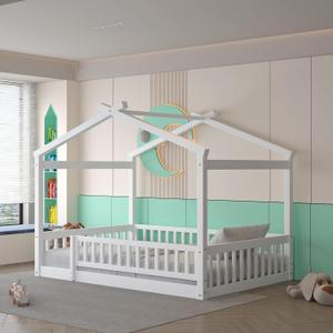 Merax Full Size Wooden House Bed with Fence, Wood Bed Frame with Roof and Safety Guardrail for Kids, Teens, Boys or Girls, 57" L x 62.9" W x 79.5" H, White