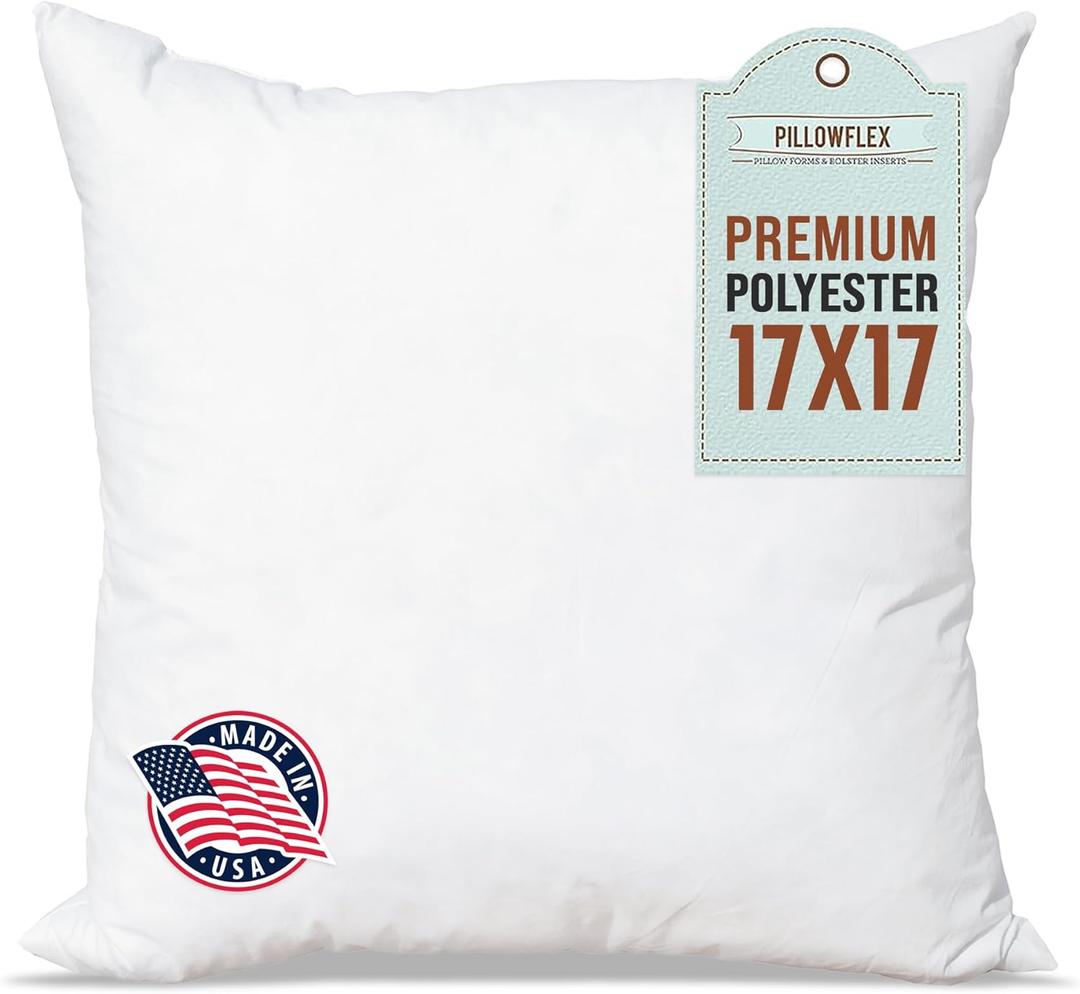 Pillowflex Premium Polyester Throw Pillow Insert - 17x17 Ultra Soft Small Square Throw Pillow, Couch Sham, Lumbar, Back, Sofa - Machine Washable - Decorative Accent Form - 12 Soft Pillow