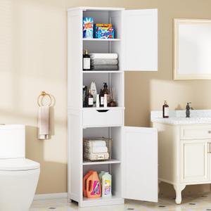 Walsunny Tall Bathroom Storage Cabinet with Freestanding Adjustable Shelves, Narrow Storage Linen Cabinet with 2 Doors and 1 Drawer for Bathroom, Living Room, Kitchen(White)