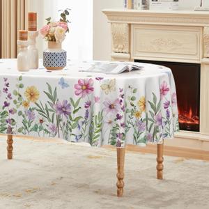 Horaldaily Spring Tablecloth 6084 Inch Oval, Wildflowers Floral Butterfly Washable Seasonal Table Cover for Party Picnic Dinner Decor