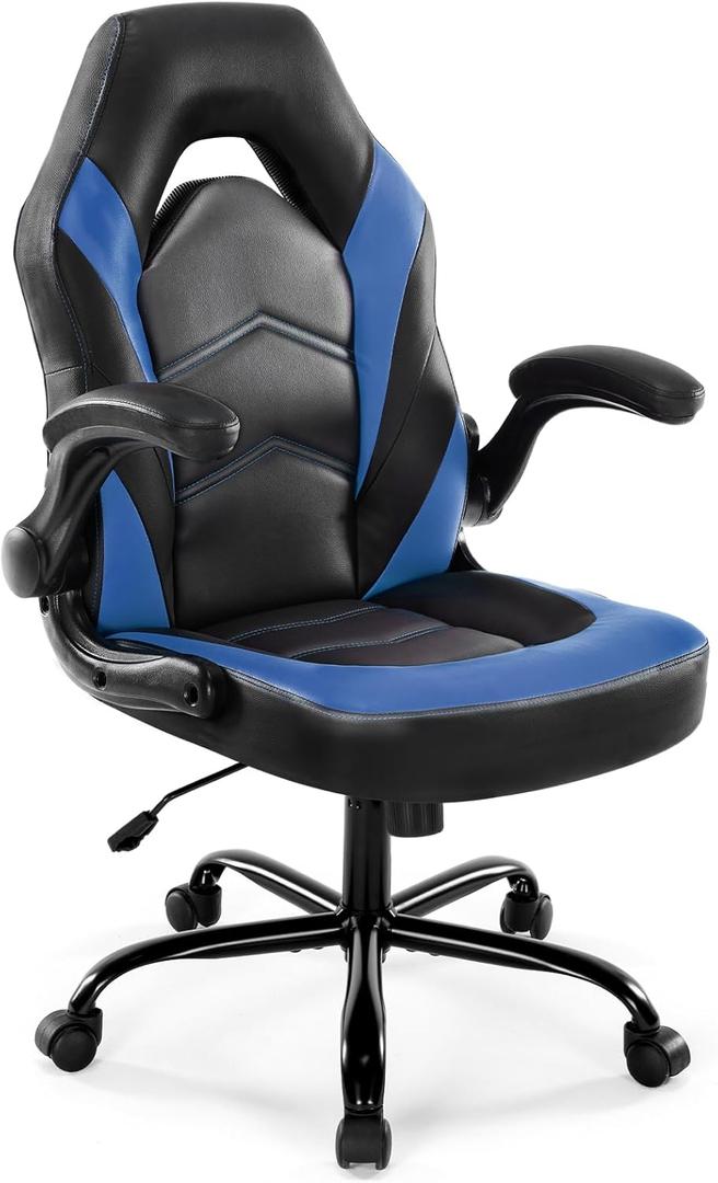 DUMOS Ergonomic Computer Gaming Chair - Home Office Desk with PU Leather Lumbar Support, Height Adjustable Big and Tall Video Game with Flip-up Armrest, Swivel Wheels for Adults and Teens (Blue)