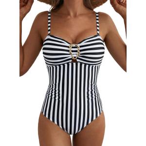 Aleumdr 2026 Trendy Striped One Piece Bathing Suit for Women Tummy Control Swimwear Slimming Bathing Suit Cutout Metal Ring Swimsuit Black Stripe X-Large