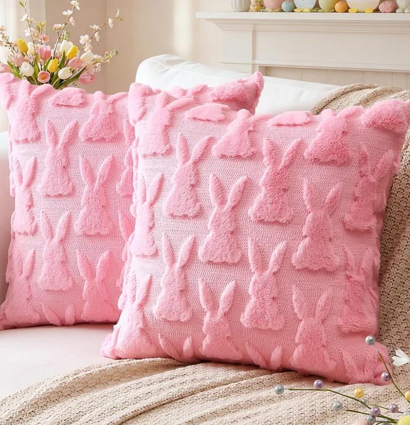 Artscope Easter Bunny Pillow Covers 18x18 Set of 2 Decorative Easter Rabbit Throw Pillow Cases Soft Plush Faux Fur Couch Cushion Case for Holiday Sofa Bed Room Home Decor-Pink