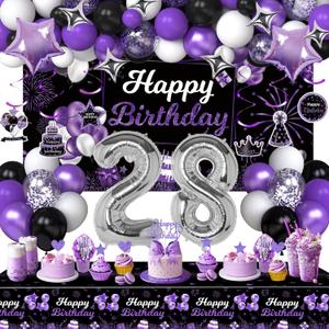 28th Birthday Decorations for Women, Purple Black Happy 28 Party Decor with Backdrop Banner, Tablecloth, 28 Number Foil Balloons for Her