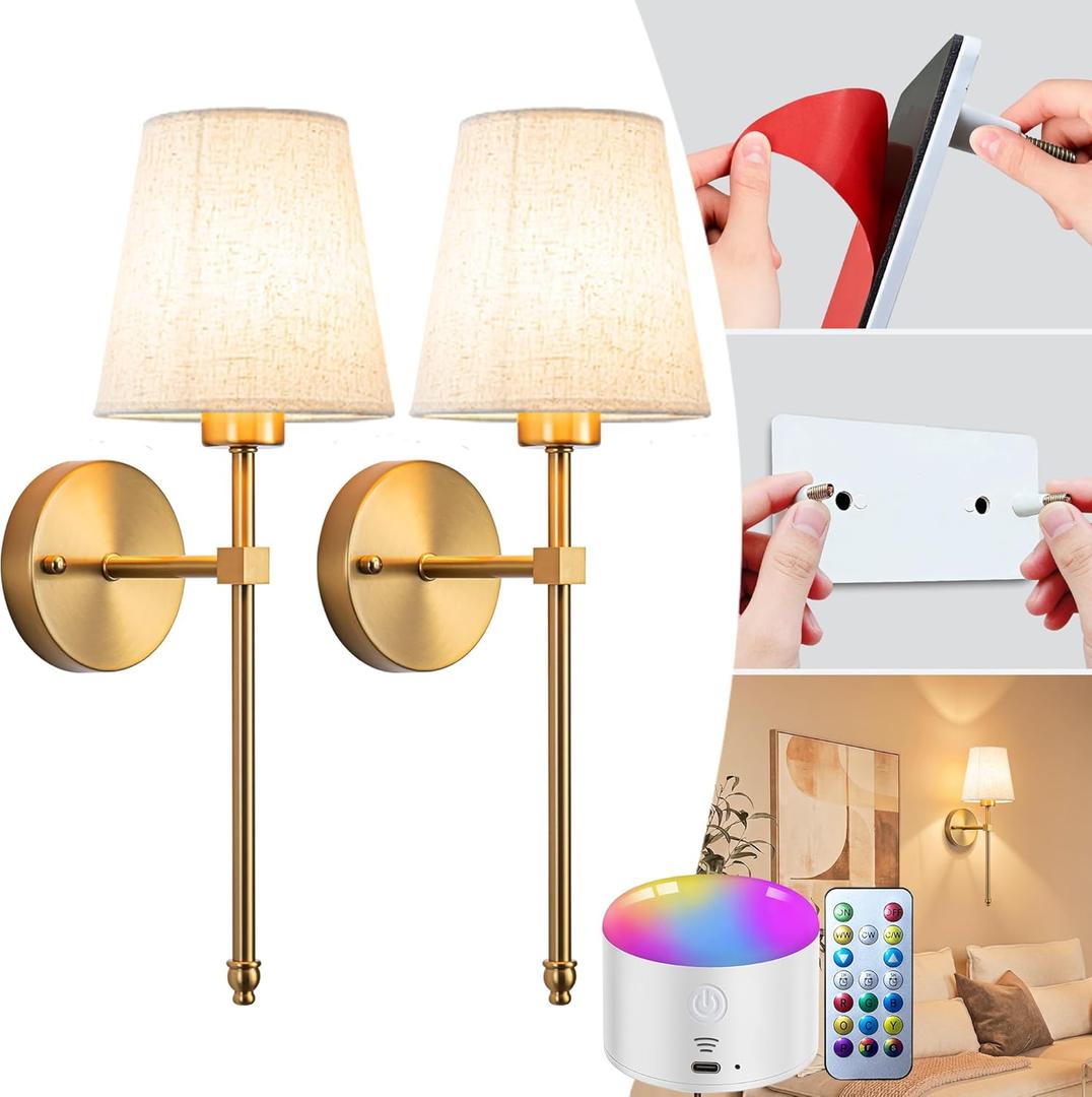 Battery Operated Wall Sconce Set Of Two with Remote Control, Indoor Not Hardwired Dimmable Battery Operated Wall Sconce Light Fixture with Fabric Linen Shade For Bedroom Living Room, Bulb Included C (Bronze)