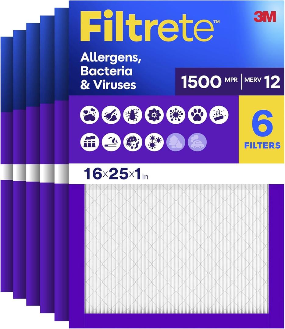 Filtrete 16x25x1 Air Filter, MERV 12, MPR 1500, Allergens, Bacteria & Viruses, 3-Month AC and Furnace Filters, Cleaner Air, Reliable Airflow, 6 HVAC Filters (Actual Size 15.62 x 24.62 x 0.78 in)