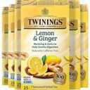 Twinings Lemon & Ginger, Caffeine-Free Herbal Tea Bags, 25 CT Box (6 Pack) | Spicy & Tangy, Ginger, Lemon Peel, Lemongrass, Blackberry Leaves, Soothe Digestion, 150 Foil Lined Individually Wrapped Bags 