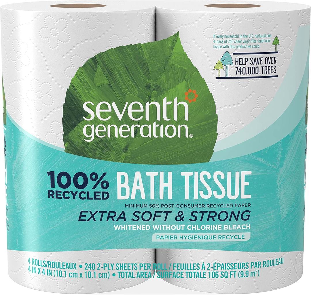 Seventh Generation Bath Tissue Toilet Paper Chlorine Free 2 Ply Toilet Paper 100% Recycled Paper 4 Count (Pack of 1)